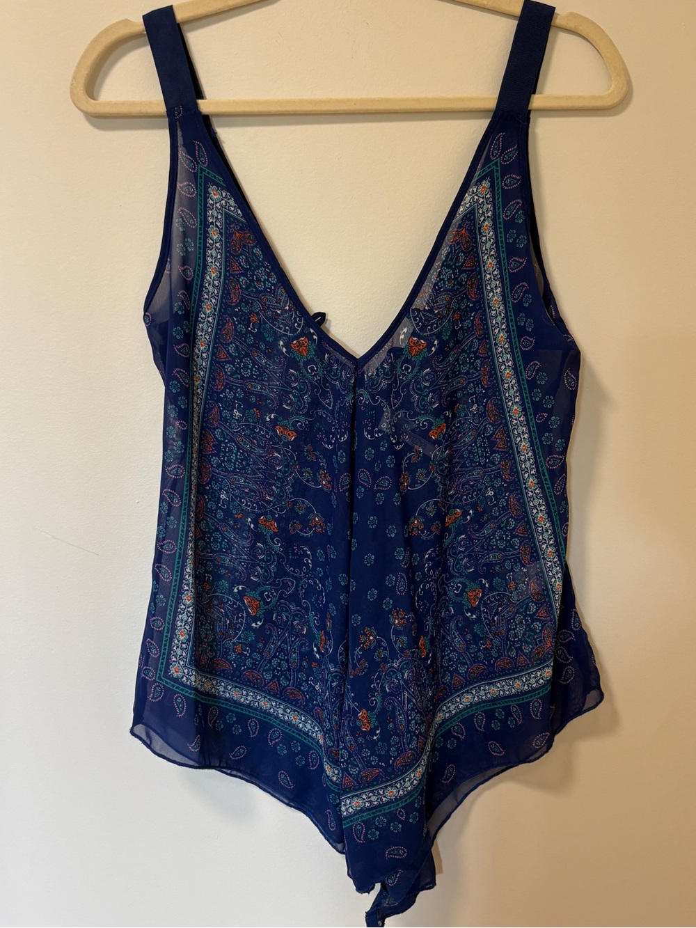 Y2K Tank Top Handkerchief Boho Asymmetric Summer Blue Paisley L Festival western